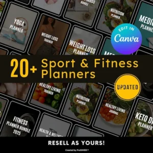 Fitness Planners PLR/MRR Bundle — Resell Rights Package Including Weight Loss Trackers, Yoga Planner, Soft Challenge Tracker, Healthcare PLR, and Fitness Coach Resources.